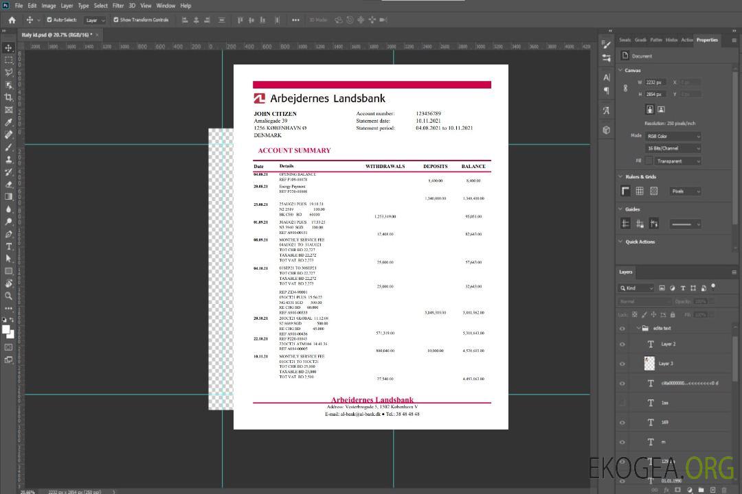 Modèle de relevé bancaire danois Arbejdernes Landsbank facile à remplir au format Excel et PDF template
